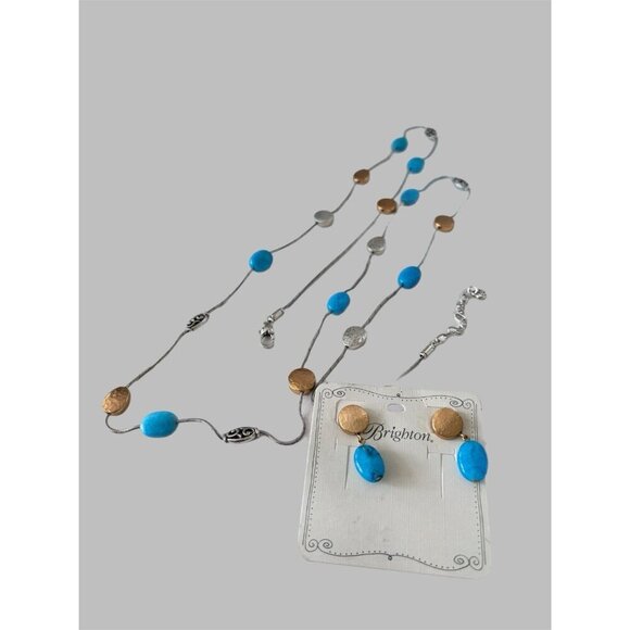 Brighton Mediterranean Turquoise Long Brushed Silver Gold Necklace, Earrings - Picture 5 of 6